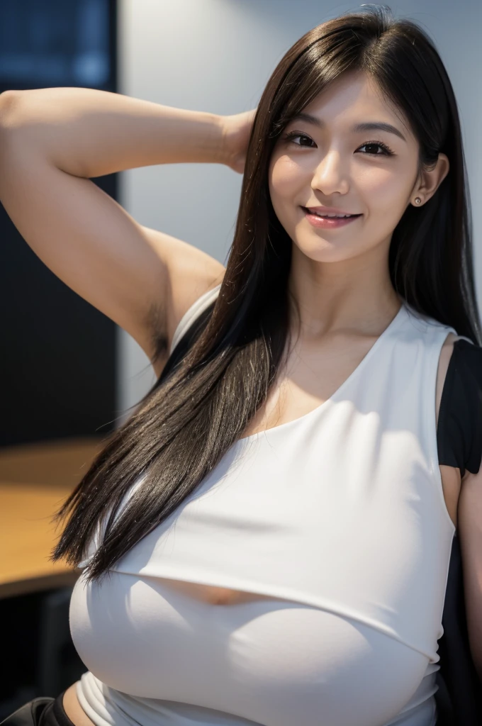 sharp focus,ultra detailed,black long hair,(face focus,upperbody,close up:1.3),(saggy and gigantic breasts:1.3),(white sleeveless blouse and black jacket),armpit hair,cheerful cute japanese woman,(curvy female:1.2),tender smile,at business office,left arm up,conference room,at night,dark light