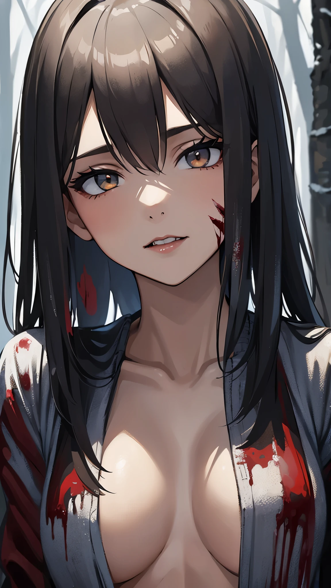 (Masterpiece, Best Quality)
1 Girl, Solo, (Semi-Naked:1.1), Hidden in the Shadows of a Foggy, Frost-Covered Forest,
((Blood Splatter:1.37)), ((Blood Dripping from the Face:1.3)), Detailed Horror Scene,
Photorealistic (1.37), Ultra-Detailed (1.2), Detailed Background, Detailed Fog,
Frost Covered Trees, Dark and Moody Color Palette, Dramatic Lighting,
(Horror Theme:1.3), Nude Girl (1.2