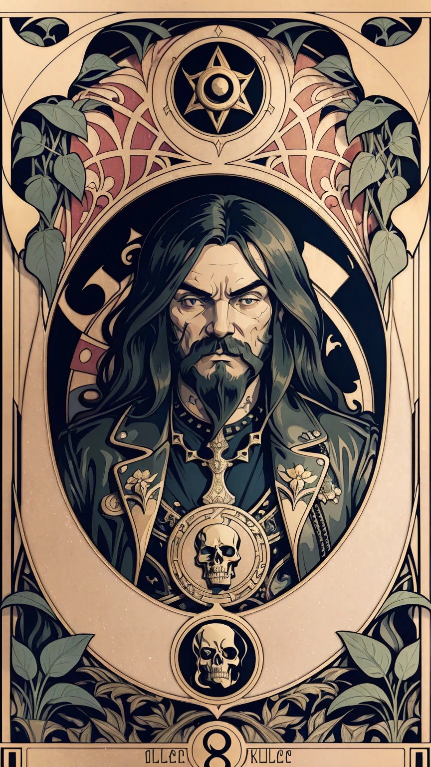 ((Art Nouveau Style)); Lemmy Kilmister as the King of Spades; gold flower, ravens, plant, skull, black flower; symmetrical with thick lines, Fibonacci, golden ratio, 3D metal structure tessellation, neural graphic, neurons, color, love, passion, incredibly detailed, 8k, masterpiece, artstation, surreal
