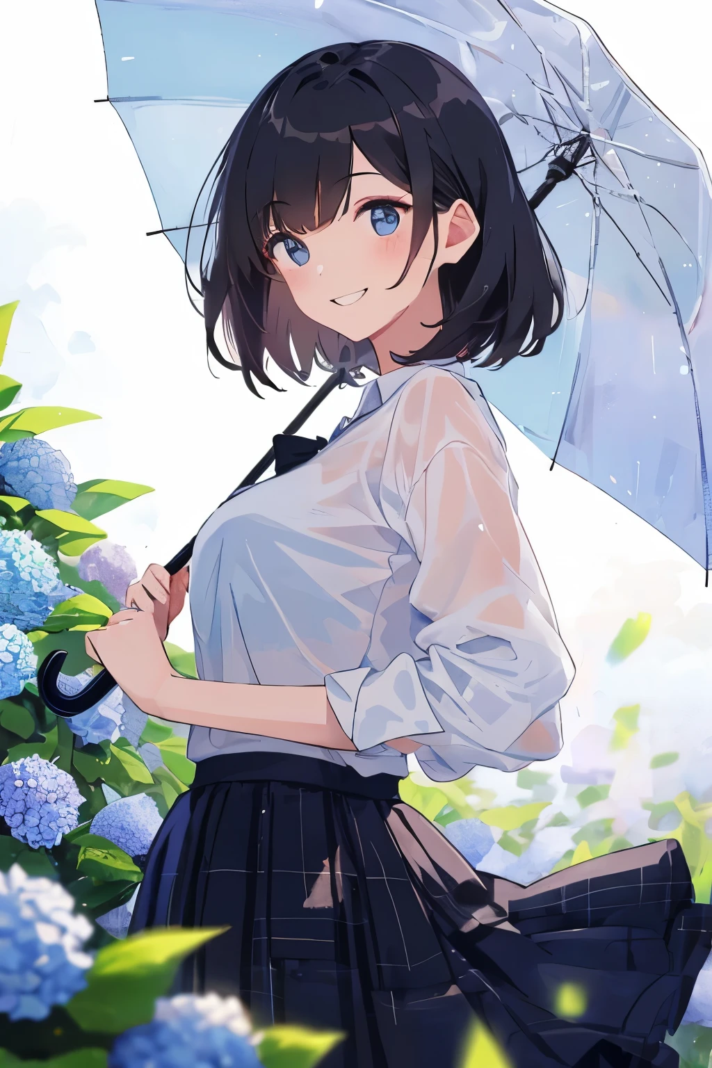 best quality, masterpiece, (solo:1.2), (1 Female:1.2)、Age 25、Larger breasts、(Slender figure)、From the side、(Use an umbrella:1.2)、Sheer white shirt、(checked skirt:1.2), Checked Skirt、(White highlight in pupil:1.2)、Dark blue eyes、(Black-haired:1.2)、(Medium Hair)、(View your viewers:1.2)、White skin、(blush)、(A shy smile)、(Closure)、(I blur the background a lot to make the woman stand out.:1.3)、Beautiful hydrangea flowers for background、(light rain)、(I see a rainbow in the distance:1.2)、garden
