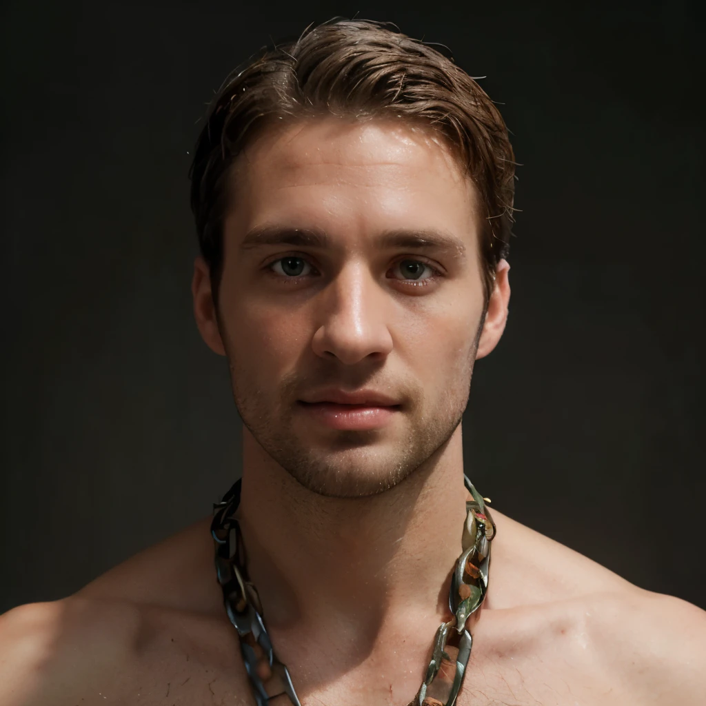 (((handsome 35 year old desirable caucasian man with distinguished features, hands held in chains))), (black background), (topless, light brown medium length hair, cropped sides, clean shaved face, intriguing green eyes), athletic build, tall height, seductive smile with gentle expression, detailed depiction of facial features, perfectly symmetrical face, bright overhead lighting masterfully accentuates his excellent features