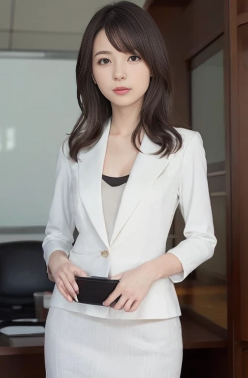 suit,2. Women,Realistic,(超high quality:1.2),Japanese,high quality,masterpiece,(Super detailed:1.4),35yo Japanese lady,No underwear、Beautiful Face,(Really good:1.4),(skirt-suit:1.1),((office)),(Small breasts),thin,High resolution,