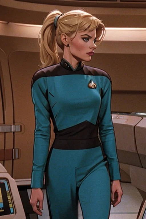 blonde ponytail: Jenna Coleman: Star Trek turquoise uniform: Enterprise Bridge background: Emilie de Ravin: (Emma Rigby), (Klingon head ridges)