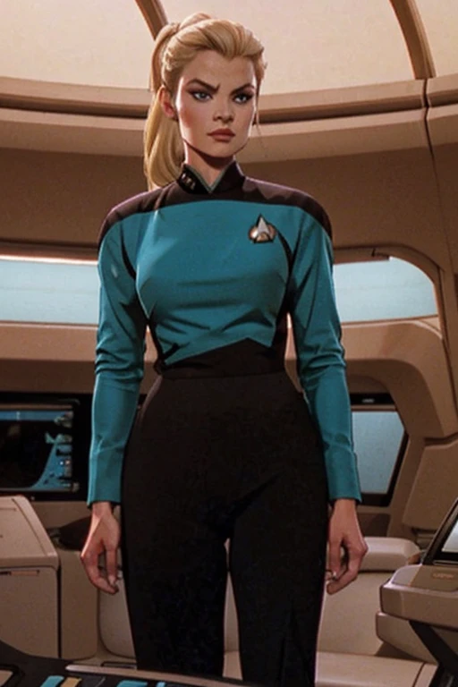 blonde ponytail: Jenna Coleman: Star Trek turquoise uniform: Enterprise Bridge background: Emilie de Ravin: (Emma Rigby), (Klingon head ridges)