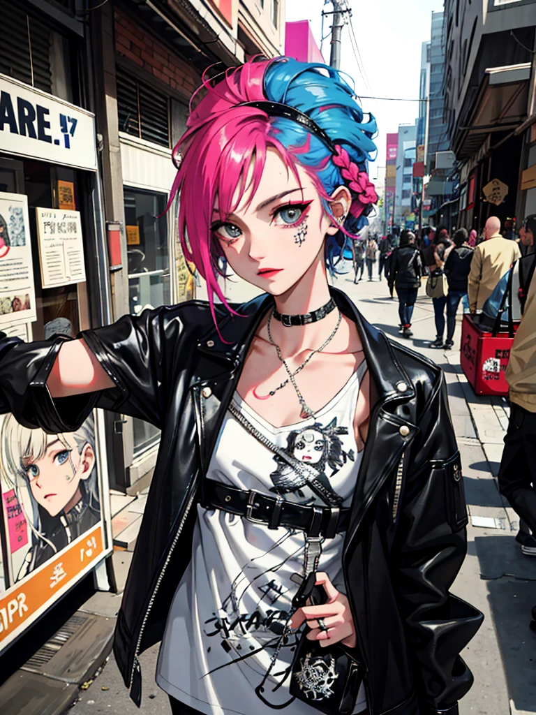 (masterpiece, best quality, 1girl, solo, intricate details, chromatic aberration), realistic, ((medium breath)),long hair, pink hair, red head ornament, red highlights, hair over one eye, green eyes, sharp eyes, choker, neon shirt, torn legwear, open jacket, turtleneck sweater, against wall, brick wall, graffiti, dim lighting, alley ,look at viewer,