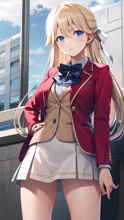 masterpiece, best quality, highres, 1girl, solo, long hair, blonde hair, hair ribbon, bangs, blue eyes, blue bowtie, collared shirt, blazer, red jacket, long sleeves, pleated skirt, white skirt, hand on hip, building, standing, cowboy shot,