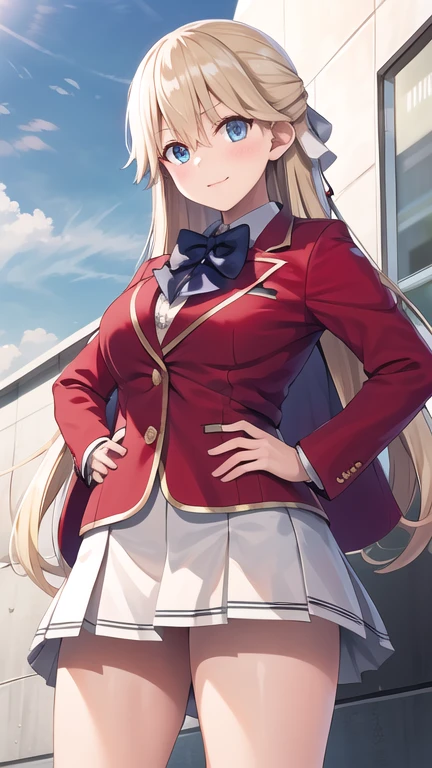 masterpiece, best quality, highres, 1girl, solo, long hair, blonde hair, hair ribbon, bangs, blue eyes, blue bowtie, collared shirt, blazer, red jacket, long sleeves, pleated skirt, white skirt, hand on hip, building, standing, cowboy shot,