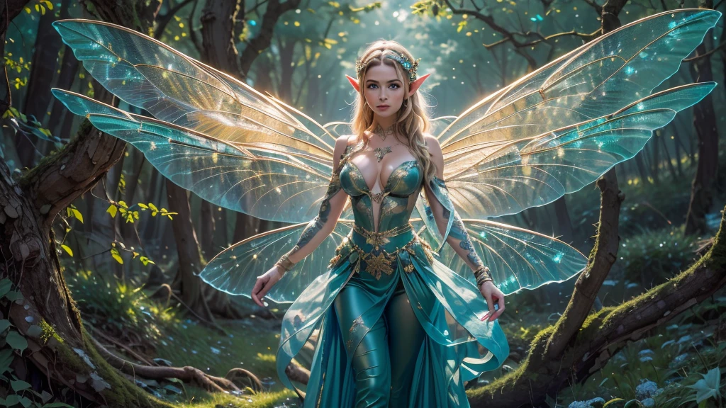 Beautiful faerie woman, elf ear, flying, hovering, floating, centered holographic dragonfly wings, balanced wings, glowing blue eyes, detailed proportional hand, manicured hands, proportional body, firm breast, silk tutu, oak tree forest, frank Frazzetta painting style, (Best Quality:1.4), (Ultra-detailed), (extremely detailed CG unified 8k wallpaper), Highly detailed, RAW Photos, Professional Photography, plein air, Illumination, (Super fancy photos:1.4), (Dazzling light), Radiant Photography, depth of fields,