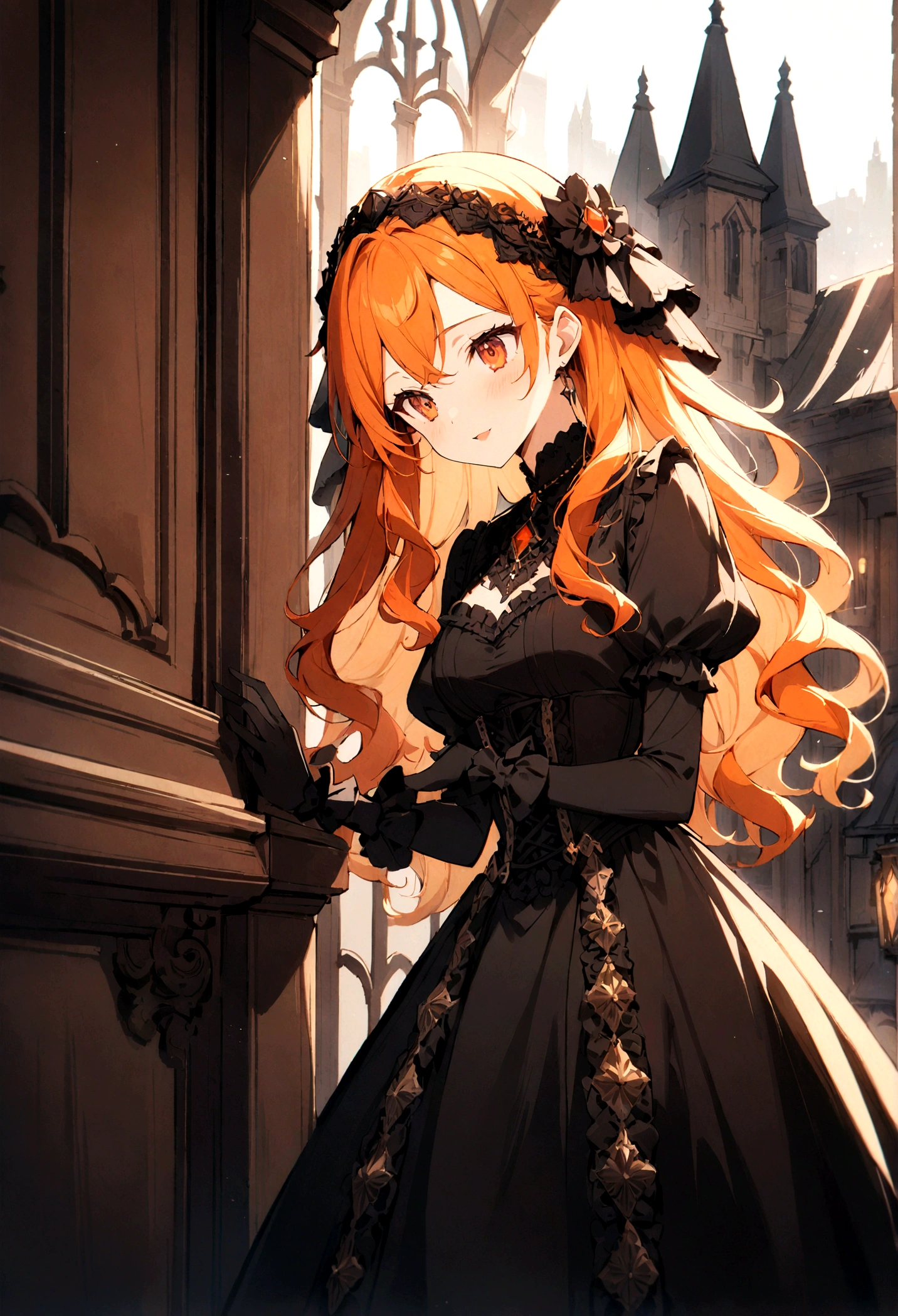 1Girl,leaning on building wall,Smart Girl,Head accessories,gloryous Eye,long orange wavy hair,:p,tight corsets,luxurious dress,gloves,Victorian,eclectic,Gothic Revival: Featuring pointed arches, steep gables, and intricate tracery,asymmetry building,decorative trim,Dark, rich color
(masterpiece), (best quality), (ultra-detailed), very aesthetic, illustration, disheveled hair, perfect composition, moist skin, intricate details, cinematic still, emotional, harmonious, vignette, highly detailed, high budget, bokeh, cinemascope, moody, epic, gorgeous, film grain, grainy