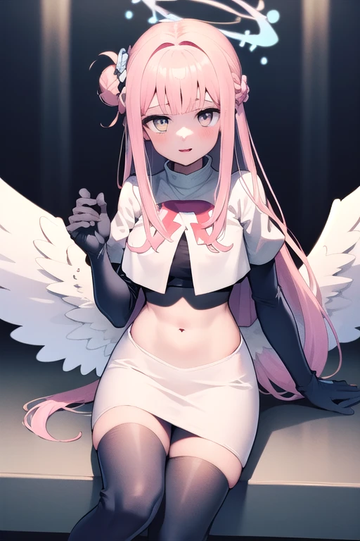 1girl, mika (blue archive), solo, pink hair, wings, halo, long hair,single side bun, hair bun, yellow eyes, hair ornament,  low wings, white wings, scrunchie, looking at viewer, hair flower, feathered wings, very long hair, angel wings, bangs,  team rocket,team rocket uniform,white skirt,red letter R,crop top,black thigh-highs,black elbow gloves