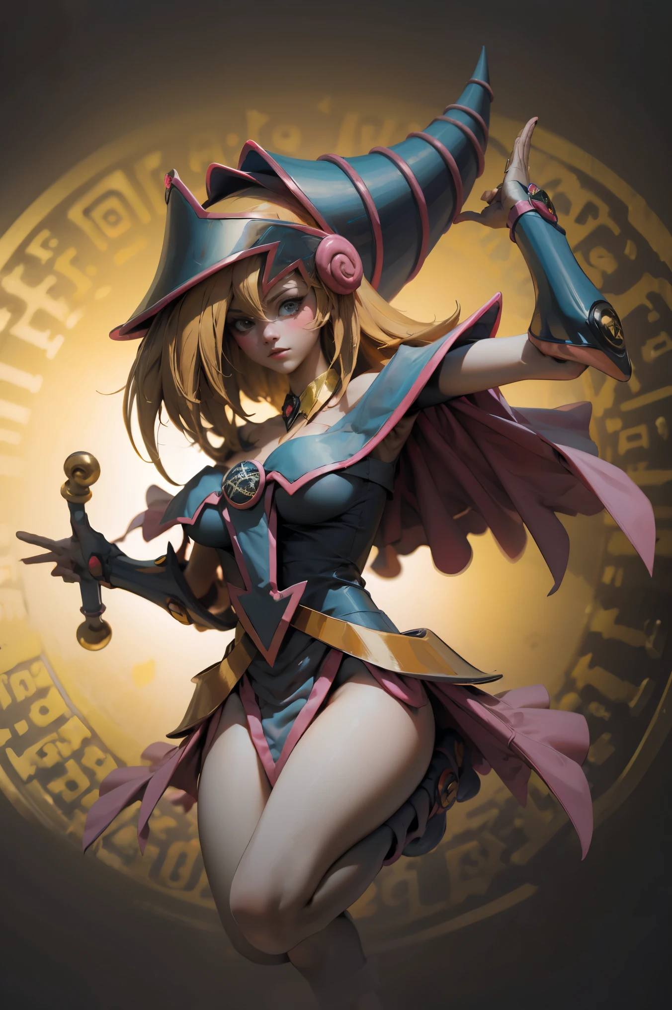 (Obra maestra:1.2), (La mejor calidad:1.2), perfect lighting, Chica Maga Oscura lanzando un hechizo, flotando en el aire, tetas grandes, escote, fondo de magia. Corazones transparente en el hambiente, bata azul, sombrero grande, desde arriba, Destellos, Yugioh Card en el fondo. En tacones y en bikini
