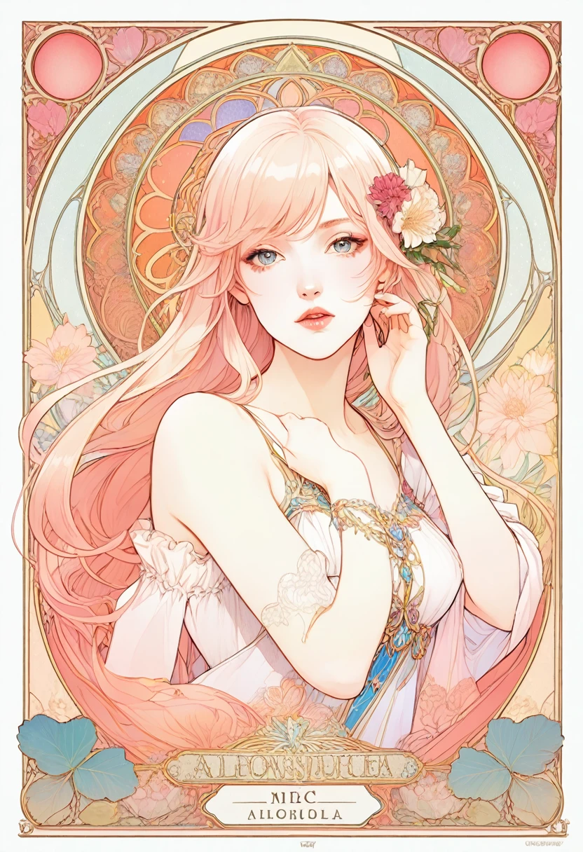 Kiss Shot Acerola Orion Heart Under Blade, beautiful girl, Light Hair, Tarot card art, Line art, clean Line art, Nature themed coloring mandalas, colorful, simple and clean Line art, Decorated in Art Nouveau style, Alphonse Mucha, Perfect intricate detail, Realistic.