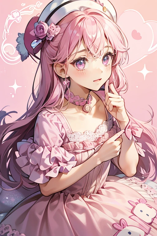 My Friend is a small pink Tamagotchi. She wears a dark pink nightcap with decorated with pink swirls and a heart at the hat's tip. She also wears a light pink dress with lines resembling that of music sheets decorated with a pink heart. Her eyes are pink and her irises are shaped like treble clefs. SPARKLE; GLITTER