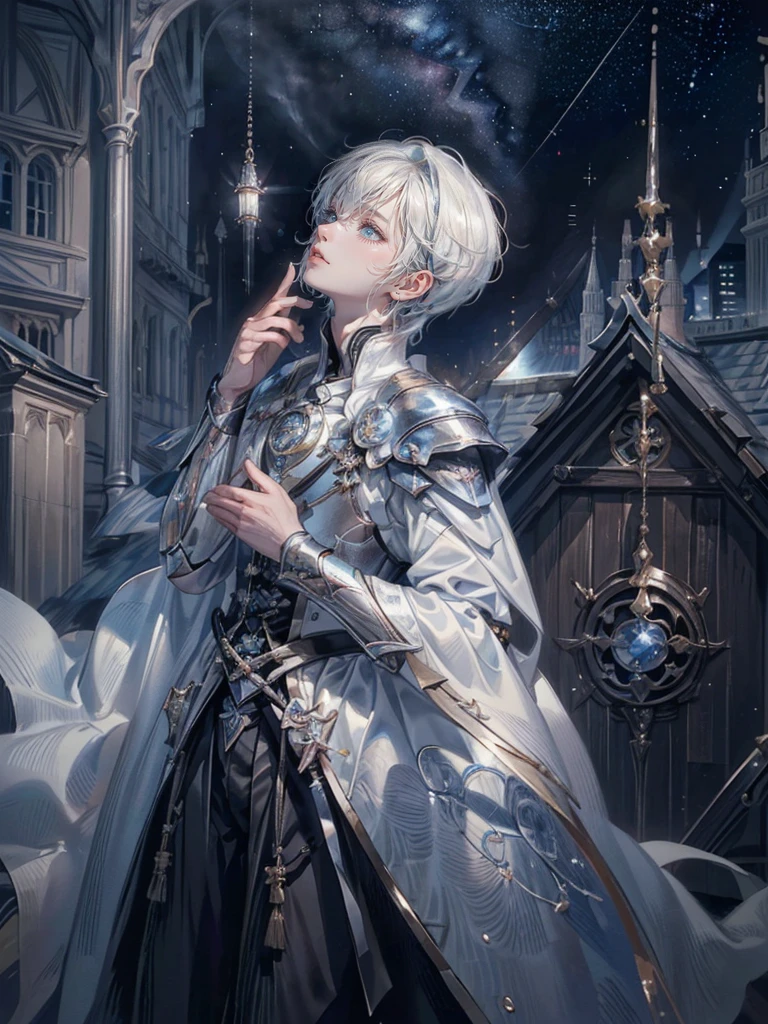 ((4K works))、masterpiece、(top-quality)、One beautiful boy、Slim body、tall、((Black Y-shirt and white pants、Charming British knight style))、Please wear one jacket、(Detailed beautiful eyes)、Fantastic Night City、((City under the stars))、Fantastic city at midnight、((Face similar to Carly Rae Jepsen))、((Short-haired white hair))、((Smaller face))、((Neutral face))、((Bright blue eyes))、((American adult male))、((Adult male 26 years old))、((Cool Men))、((Like a celebrity))、((Crying expression))、((sad look))、((Korean Makeup))、((elongated and sharp eyes))、((Happy dating))、((boyish))、((Upper body photography))、Professional Photos、((Shot alone))、((She is looking up at the sky under the roof))、((Shot from the side))、((Crying profile))、((Face crying in pain))、((He is looking upwards))、((His eyes are looking down))、((He stands next to the viewer))、((He who cries))、I'm crying on a stick.、Man crying while standing、Solitude、saddened、desolate、suffocating、heartbreaking、auw