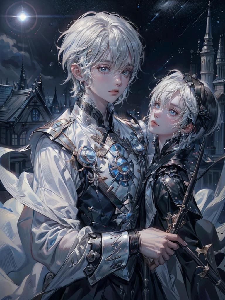 ((4K works))、​masterpiece、(top-quality)、One beautiful boy、Slim body、tall、((Black Y-shirt and white pants、Charming British knight style))、Please wear one jacket、(Detailed beautiful eyes)、Fantastic Night City、((City under the stars))、Fantastic city at midnight、((Face similar to Carly Rae Jepsen))、((Short-haired white hair))、((Smaller face))、((Neutral face))、((Bright blue eyes))、((American adult male))、((Adult male 26 years old))、((Cool Men))、((Like a celebrity))、((Crying expression))、((sad look))、((Korean Makeup))、((elongated and sharp eyes))、((Happy dating))、((boyish))、((Upper body photography))、Professional Photos、((Shot alone))、((She is looking up at the sky under the roof))、((Shot from the side))、((Crying profile))、((Face crying in pain))、((He is looking upwards))、((His eyes are looking down))、((He stands next to the viewer))、((He who cries))、I'm crying on a stick.、Man crying while standing、Solitude、saddened、desolate、suffocating、heartbreaking、auw