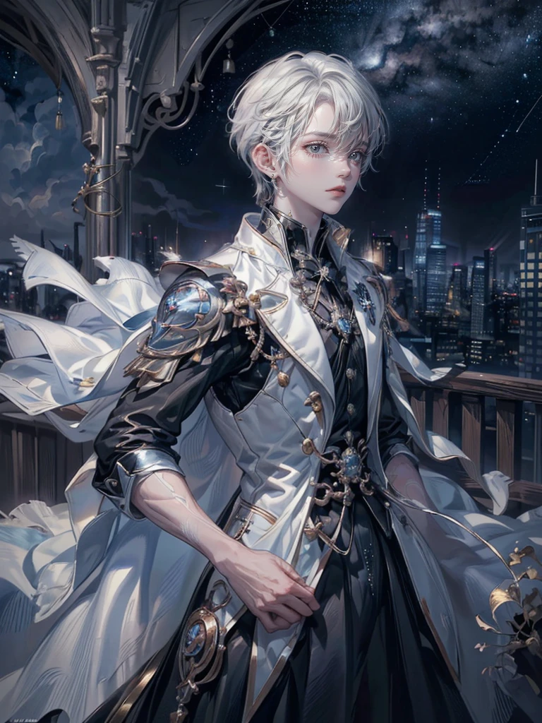 ((4K works))、​masterpiece、(top-quality)、One beautiful boy、Slim body、tall、((Black Y-shirt and white pants、Charming British knight style))、Please wear one jacket、(Detailed beautiful eyes)、Fantastic Night City、((City under the stars))、Fantastic city at midnight、((Face similar to Carly Rae Jepsen))、((Short-haired white hair))、((Smaller face))、((Neutral face))、((Bright blue eyes))、((American adult male))、((Adult male 26 years old))、((Cool Men))、((Like a celebrity))、((Crying expression))、((sad look))、((Korean Makeup))、((elongated and sharp eyes))、((Happy dating))、((boyish))、((Upper body photography))、Professional Photos、((Shot alone))、((She is looking up at the sky under the roof))、((Shot from the side))、((Crying profile))、((Face crying in pain))、((He is looking upwards))、((His eyes are looking down))、((He stands next to the viewer))、((He who cries))、I'm crying on a stick.、Man crying while standing、Solitude、saddened、desolate、suffocating、heartbreaking、auw