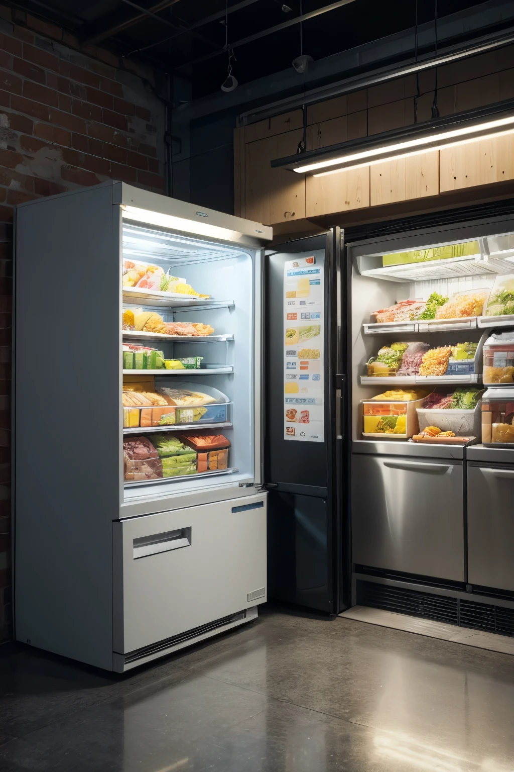 a 2d animation version of a modern market with a fridge with variable foods on one side and some pasta and other variable foods with soft lighting