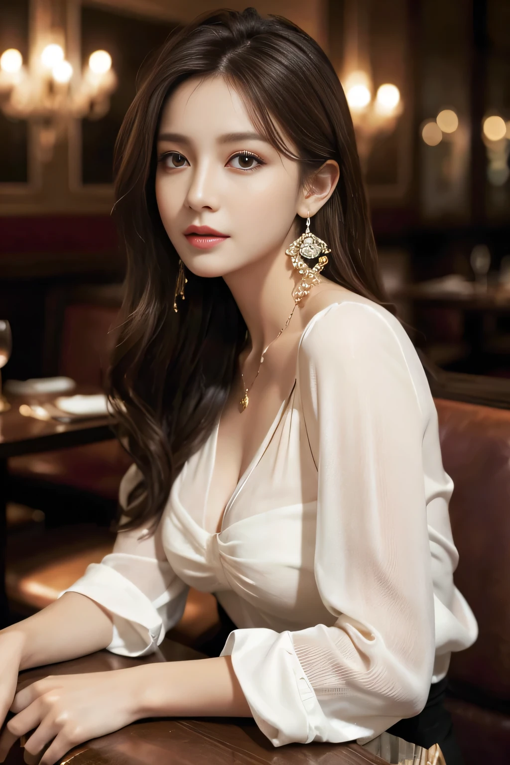 masterpiece, highest quality, Realistic, Very detailed, Finer details, High resolution, 8k wallpaper, One beautiful woman, Wear an elegant see-through blouse, In a great restaurant, At night, Light brown messy hair, Perfect dynamic composition, Beautiful and beautiful eyes、Big earrings、Sitting in a chair、