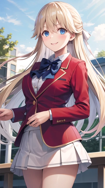 masterpiece, best quality, highres, 1girl, solo, long hair, blonde hair, hair ribbon, bangs, blue eyes, blue bowtie, collared shirt, blazer, red jacket, long sleeves, pleated skirt, white skirt, standing, cowboy shot, outdoors, smile