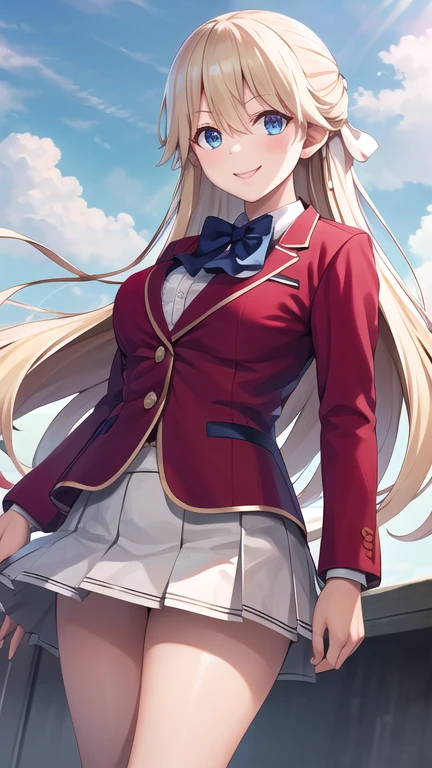 masterpiece, best quality, highres, 1girl, solo, long hair, blonde hair, hair ribbon, bangs, blue eyes, blue bowtie, collared shirt, blazer, red jacket, long sleeves, pleated skirt, white skirt, standing, cowboy shot, outdoors, smile