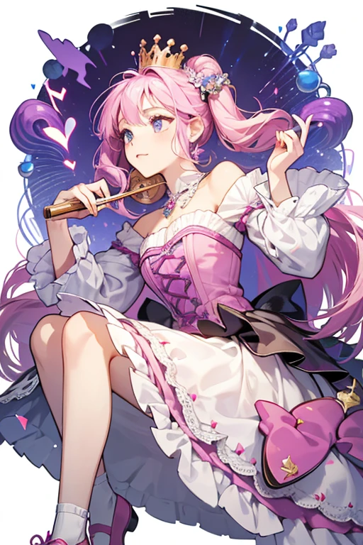  She now wears a crown on top of her head that resembles the Melody Violin's knob and has two musical swirls hanging off the sides of their head. Her dress also has a white collar and the music sheet part is colored lavender. She appears to wear dark pink shoes and there are additional hearts decorating her head. SPARKLE; GLITTER