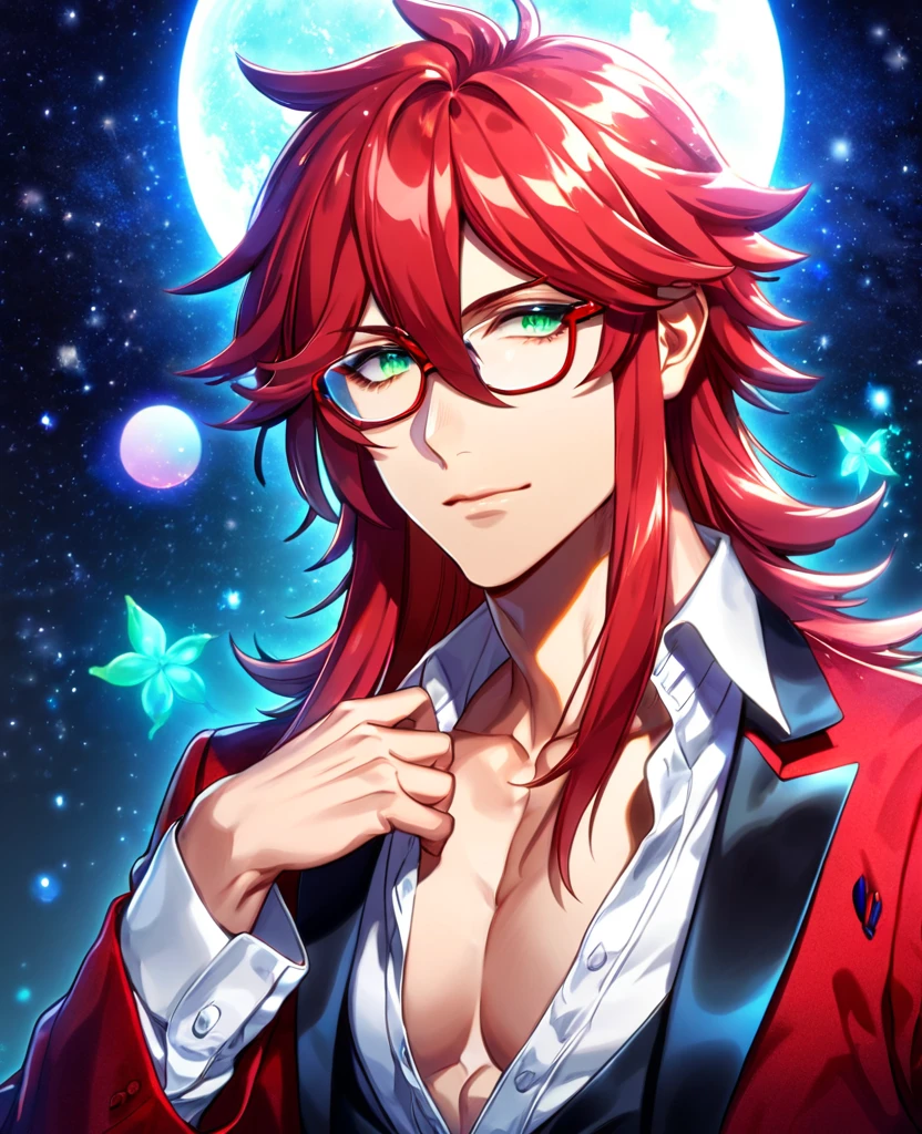 absurdres, highres, ultra detailed, HDR, master piece, best quality, Grell Sutcliff, red long hair, hair between the eyes, expressive green eyes, glasses with red frames, kuroshitsuji, solo, sexy man, handsome, toned chest, red coat, white shirt, black vest, blue moon, starry, blue fireflies, blue flowers, magical, fantasy
