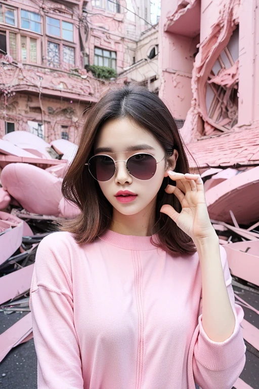 (extra detailed body、extra detailed face、best qualtiy:1.2)、femele、looking at the viewers、(Flashy pink goofy clothes)、(Pink distorted architectural chaos in the background:1.4)Midjourney Worldview、Pink on the head、Round futuristic sunglasses、