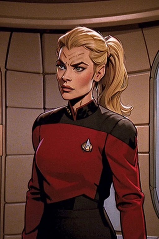 blonde ponytail: Jenna Coleman: Star Trek red uniform: Enterprise Bridge background: Emilie de Ravin: (Emma Rigby), (Klingon head ridges) (Klingon forehead) B'Elanna Torres: