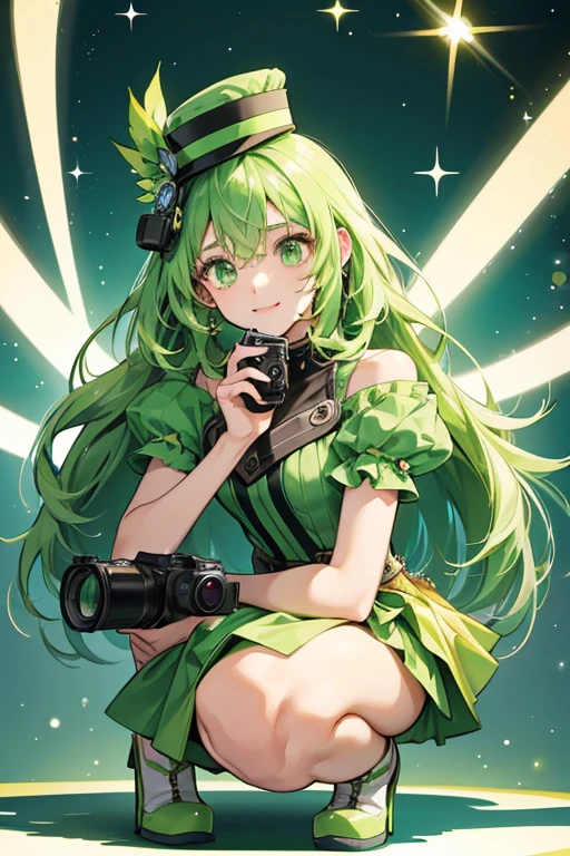 She is squat with short legs and long arms, and green, fluffy hair or a hat that looks like a camera flash.  She has a functional camera on her head and her arms can stretch very long to reach it.  She has a little green skirt around her body. SPARKLE; GLITTER