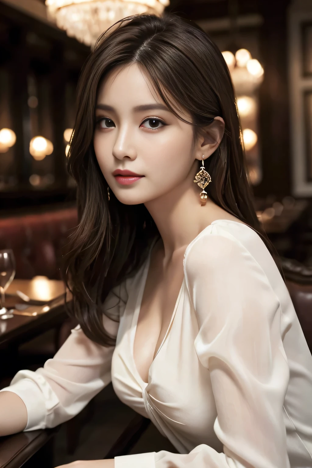 masterpiece, highest quality, Realistic, Very detailed, Finer details, High resolution, 8k wallpaper, One beautiful woman, Wear an elegant see-through blouse, In a great restaurant, At night, Light brown messy hair, Perfect dynamic composition, Beautiful and beautiful eyes、Big earrings、Sitting in a chair、