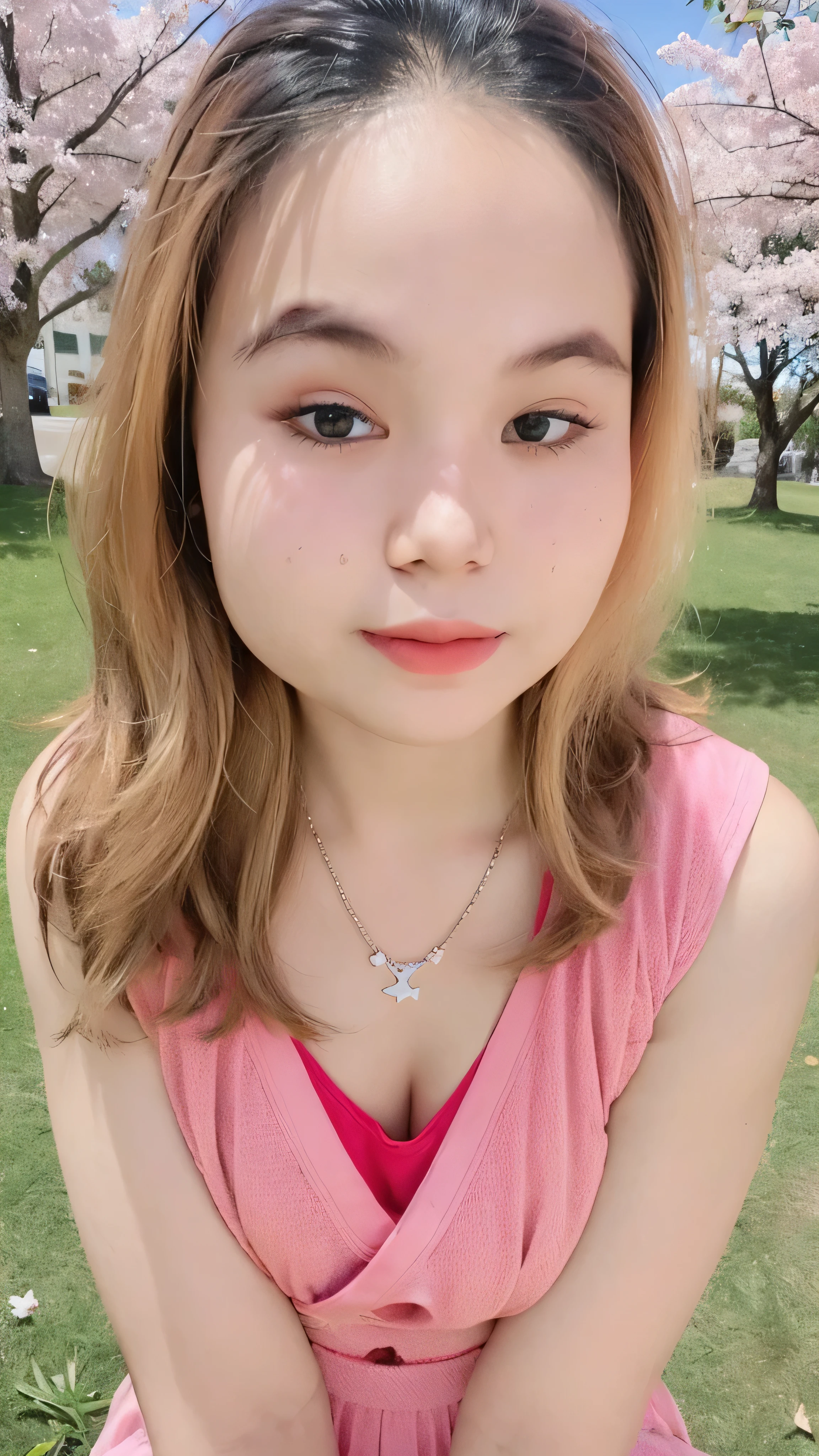 (super highest quality:1.3) (very realistic, Photoreal:1.3), (sharp focus:1.3), (Realistic and very high quality:1.3). (high resolution/High resolution:1.3), very delicate and beautiful, soft light, (brown hair, Shoulder-length straight bob hair sways in the wind), beautiful detailed girl, highly detailed eyes and face, beautifully detailed nose, thin and beautiful eyes, 1 girl, Japanese, Pure beauty, cute, young, (smaller and flat chest), realistic face, realistic body, beautiful thigh, pink camisole top, black mini skirt, cherry blossom background