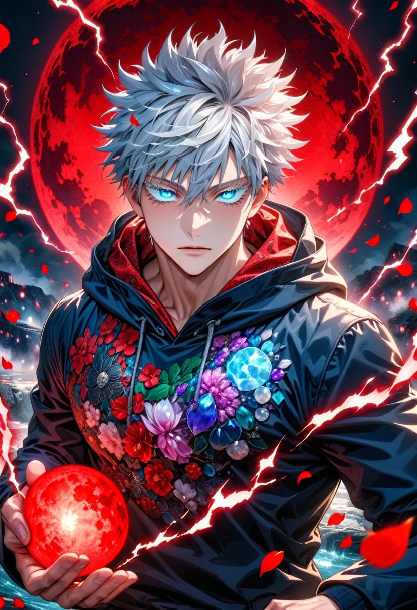 Ultra detailed, Highres, absurdres, HDR, Gojo Satoru, white short hair with bangs, expressive blue eyes, white eyelashes, hair between the eyes, Jujutsu Kaisen, black clothes with patterns with a hoodie, sexy man, solo, red flowers, shining fireflies, handsome, petals, shining red lights, shining red moon, toned chest, extremely detailed eyes and face, master piece, magic, fantasy, red lightning