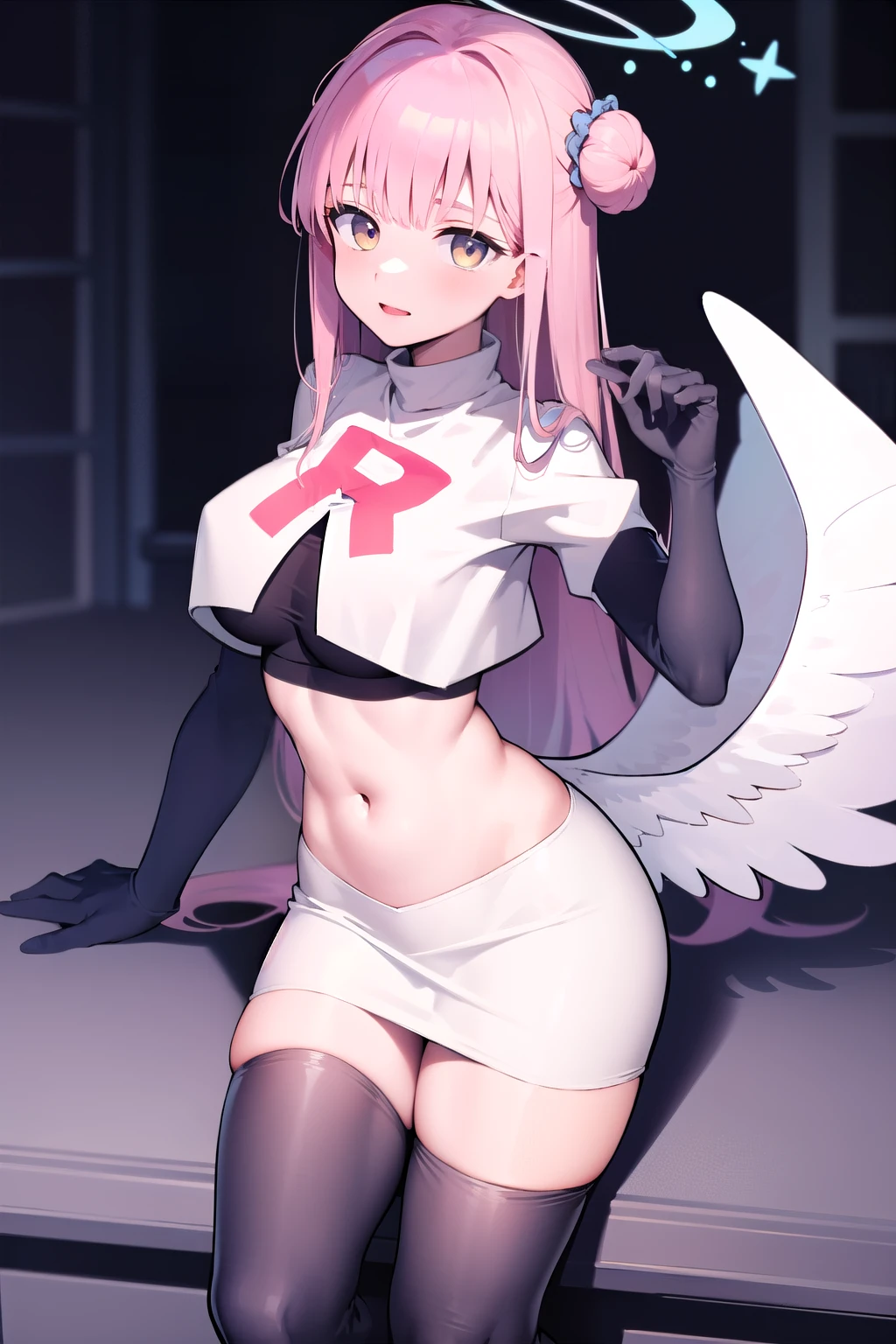 1girl, mika (blue archive), solo, pink hair, wings, halo, long hair,single side bun, hair bun, yellow eyes, hair ornament,  low wings, white wings, scrunchie, looking at viewer, hair flower, feathered wings, very long hair, angel wings, bangs,  team rocket,team rocket uniform,white skirt,red letter R,crop top,black thigh-highs,black elbow gloves