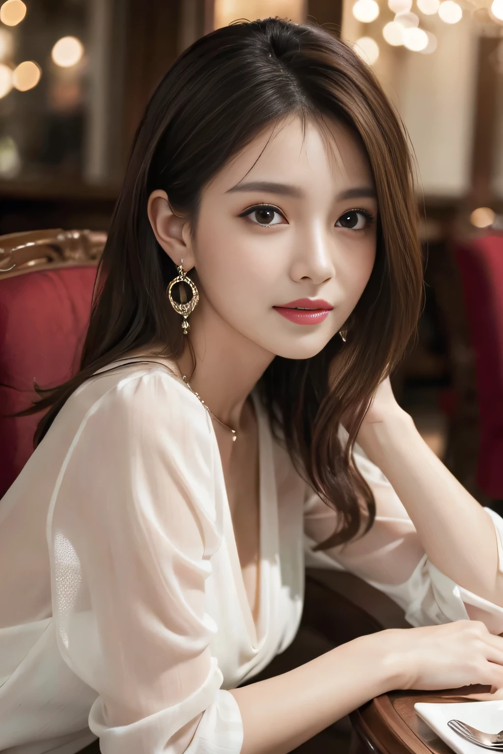 masterpiece, highest quality, Realistic, Very detailed, Finer details, High resolution, 8k wallpaper, One beautiful woman, Wear an elegant see-through blouse, In a great restaurant, At night, Light brown messy hair, Perfect dynamic composition, Beautiful and beautiful eyes、Big earrings、Sitting in a chair、
