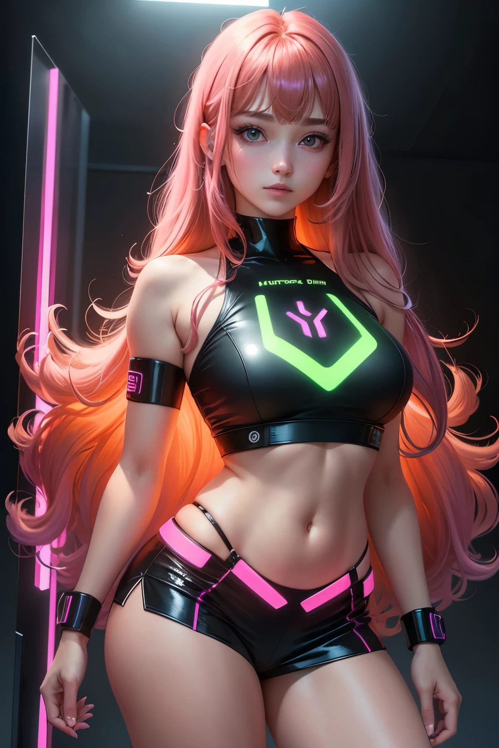 ((Zero Two Darling en el Franxx)), 8k, Obra maestra, La mejor calidad, fotorrealista, Ultra detallado, 1 girl, textura realista de la piel, senos grandes, rosa erecto , mira al espectador, hermoso, Camiseta Loose Half Cut,, Underboobs, Underboobs, Micro mini falda, , movie lighting, Enfoque facial, Ojos delgados, Cara detallada, Cara bien iluminada, Rayos, Bailando en un entorno cyberpunk, Low-angle shot, Vista desde abajo