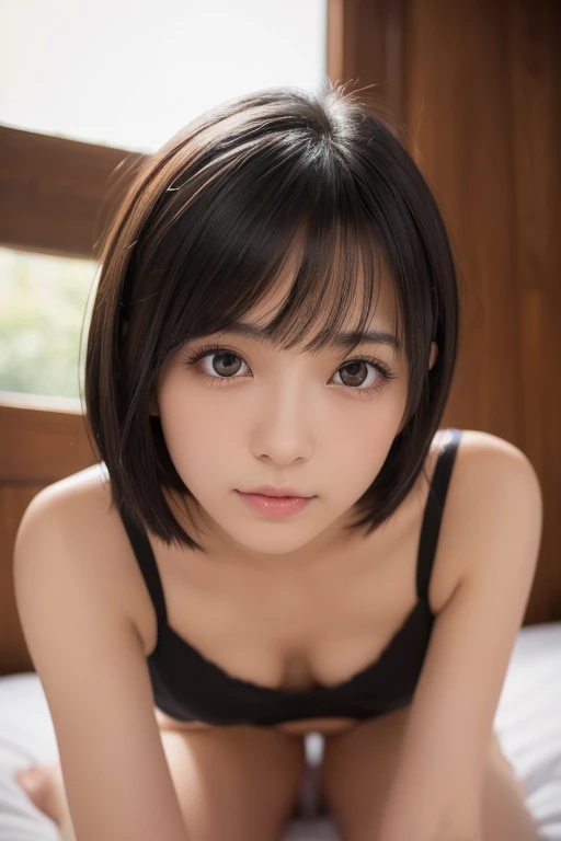 (High resolution:1.3), (16k, Realistic, RAW Photos, Best image quality: 1.4), Japanese, (One Girl), Beautiful Face, (Lively Faces), (Black-haired、short hair:1.3), (Black Eye 1.3), Beautiful Hairstyles, Realistic eyes, Beautiful and detailed eyes, (Realistic Skin), Beautiful skins, Charm, 超A high resolution, Surreal, High detail, Golden Ratio, Highly detailed cute girl,(20-year-old), cowgirl position, (pov:1.5)