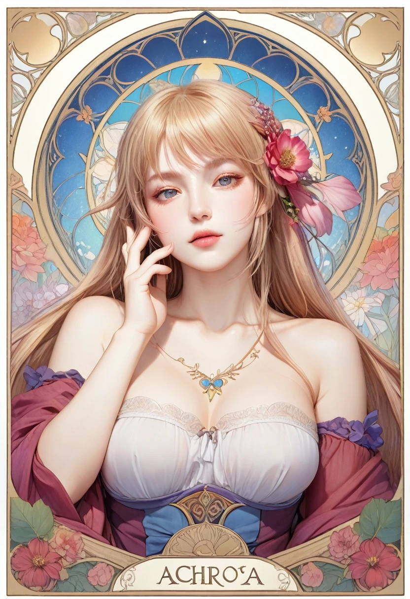 Kiss Shot Acerola Orion Heart Under Blade, beautiful girl, Light Hair, Tarot card art, Line art, clean Line art, Nature themed coloring mandalas, colorful, simple and clean Line art, Decorated in Art Nouveau style, Alphonse Mucha, Perfect intricate detail, Realistic.