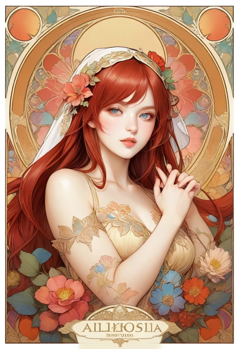 Kiss Shot Acerola Orion Heart Under Blade, beautiful girl, Light Hair, Tarot card art, Line art, clean Line art, Nature themed coloring mandalas, colorful, simple and clean Line art, Decorated in Art Nouveau style, Alphonse Mucha, Perfect intricate detail, Realistic.