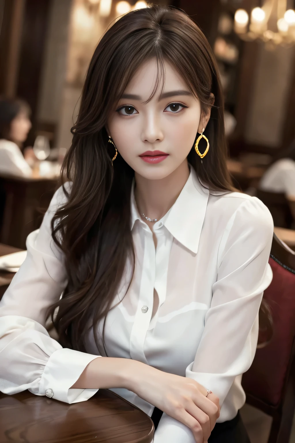 masterpiece, Highest quality, Realistic, Very detailed, Finer details, High resolution, 8k wallpaper, One beautiful woman, Wear an elegant see-through shirt, In a great restaurant, At night, Light brown messy hair, Perfect dynamic composition, Beautiful and beautiful eyes、Big earrings、Sit on a chair、