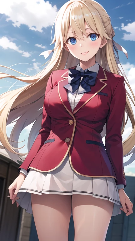 masterpiece, best quality, highres, 1girl, solo, long hair, blonde hair, hair ribbon, bangs, blue eyes, blue bowtie, collared shirt, blazer, red jacket, long sleeves, pleated skirt, white skirt, standing, cowboy shot, outdoors, smile