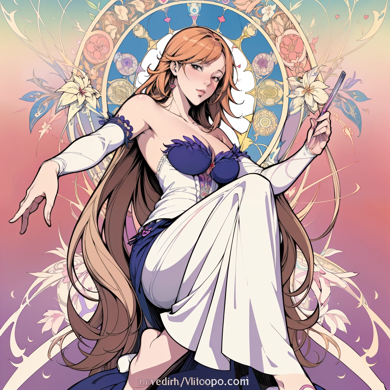 Kiss Shot Acerola Orion Heart Under Blade, beautiful girl, Light Hair, Tarot card art, Line art, clean Line art, Nature themed coloring mandalas, colorful, simple and clean Line art, Decorated in Art Nouveau style, Alphonse Mucha, Perfect intricate detail, Realistic.