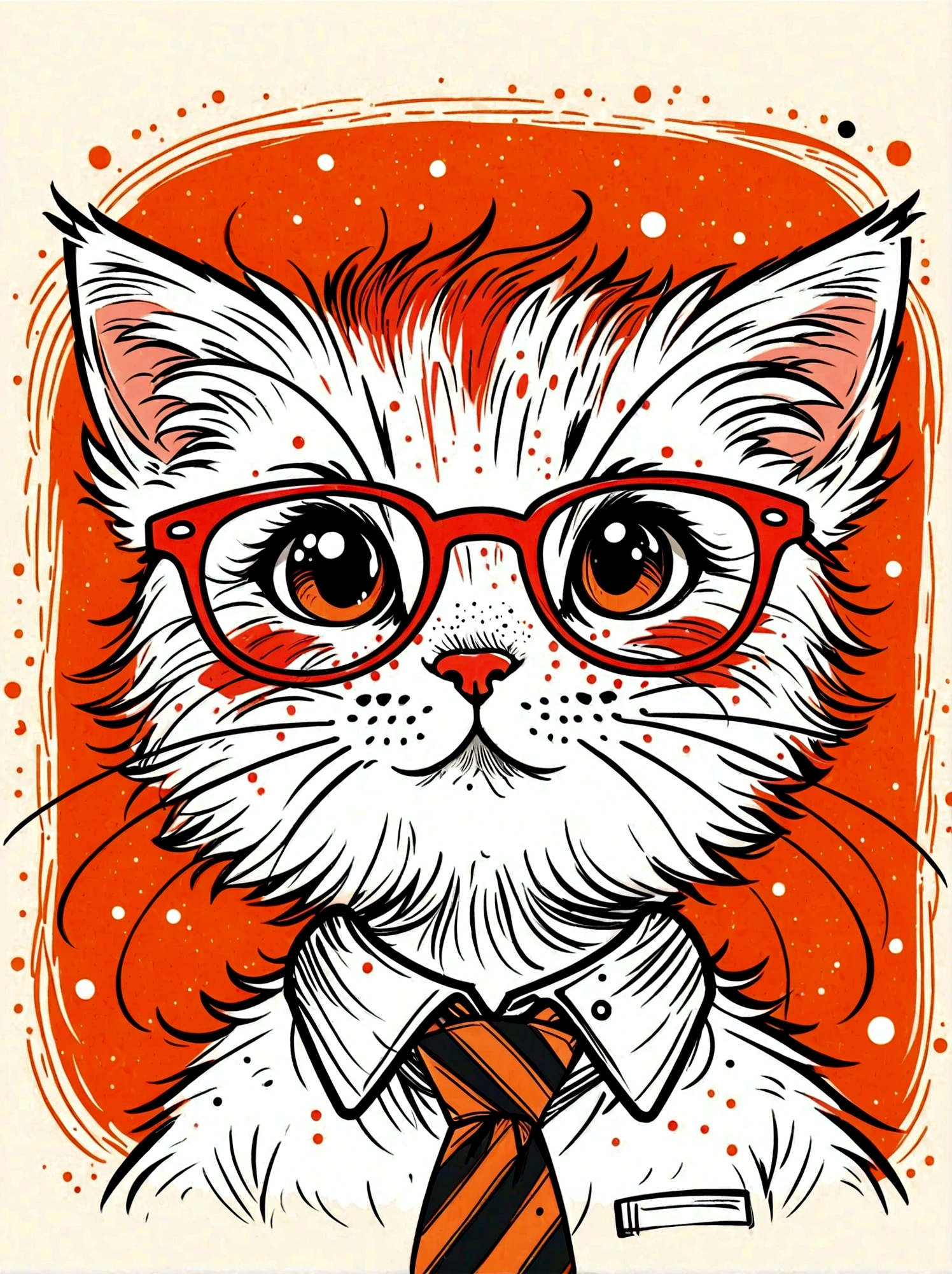 (masterpiece, best quality:1.2), Cartoon hand drawn, kitten, solo, wear glasses, cry,sad,tie,White shirt, The color palette is in red, orange and black tones and has a sketchy style, The background should have a simple hand-drawn doodle pattern, 1shxx1