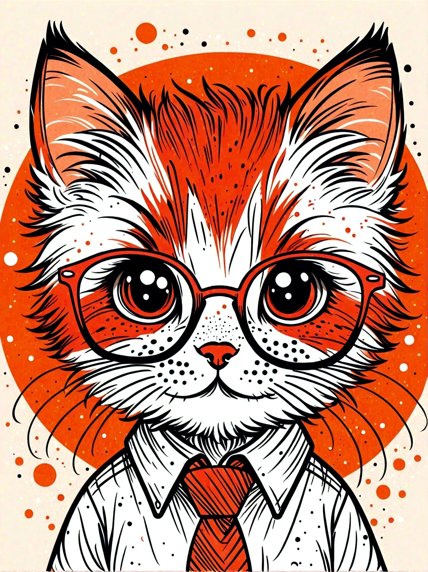 (masterpiece, best quality:1.2), Cartoon hand drawn, kitten, solo, wear glasses, cry,sad,tie,White shirt, The color palette is in red, orange and black tones and has a sketchy style, The background should have a simple hand-drawn doodle pattern, 1shxx1