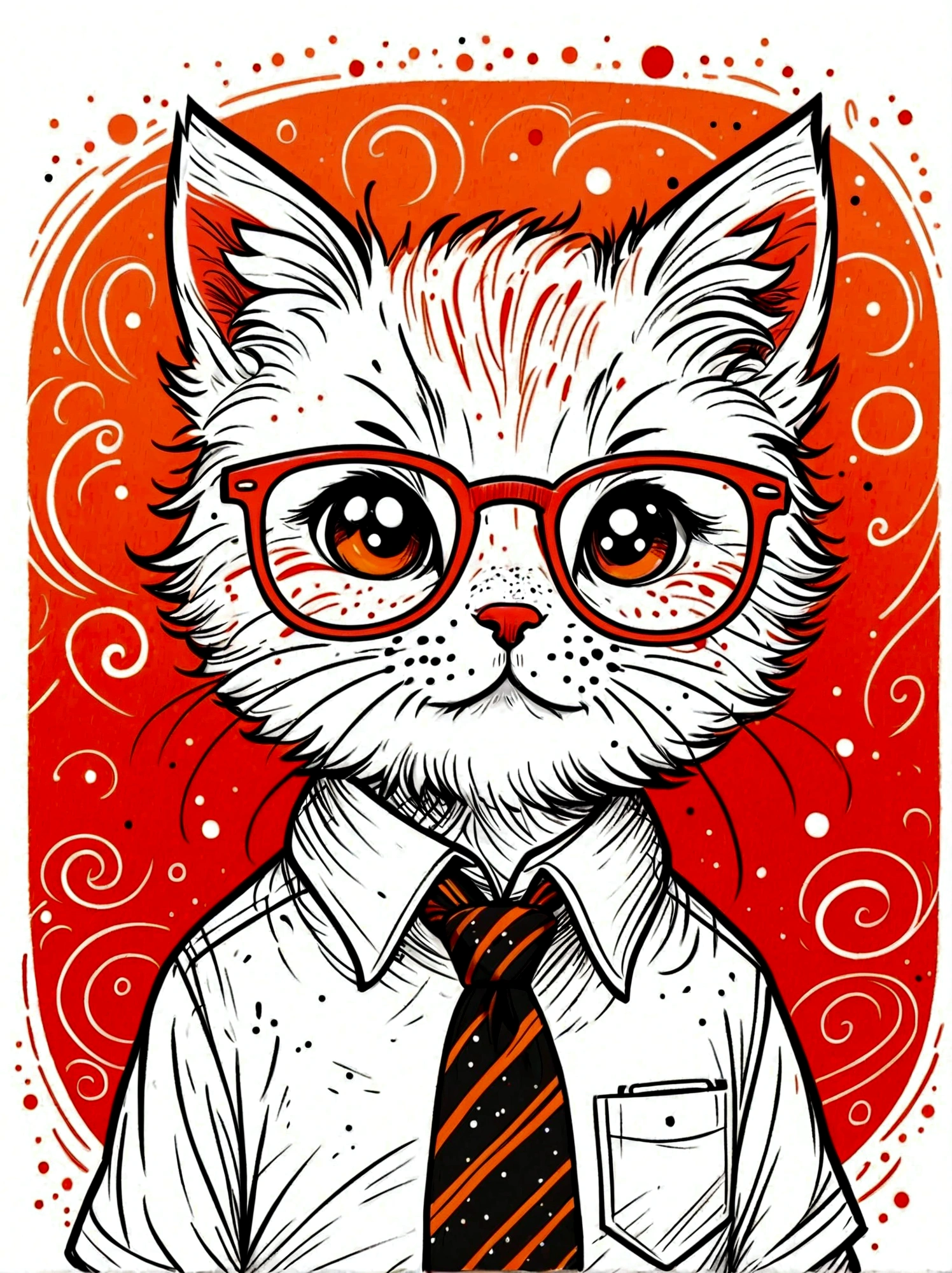 (masterpiece, best quality:1.2), Cartoon hand drawn, kitten, solo, wear glasses, cry,sad,tie,White shirt, The color palette is in red, orange and black tones and has a sketchy style, The background should have a simple hand-drawn doodle pattern, 1shxx1