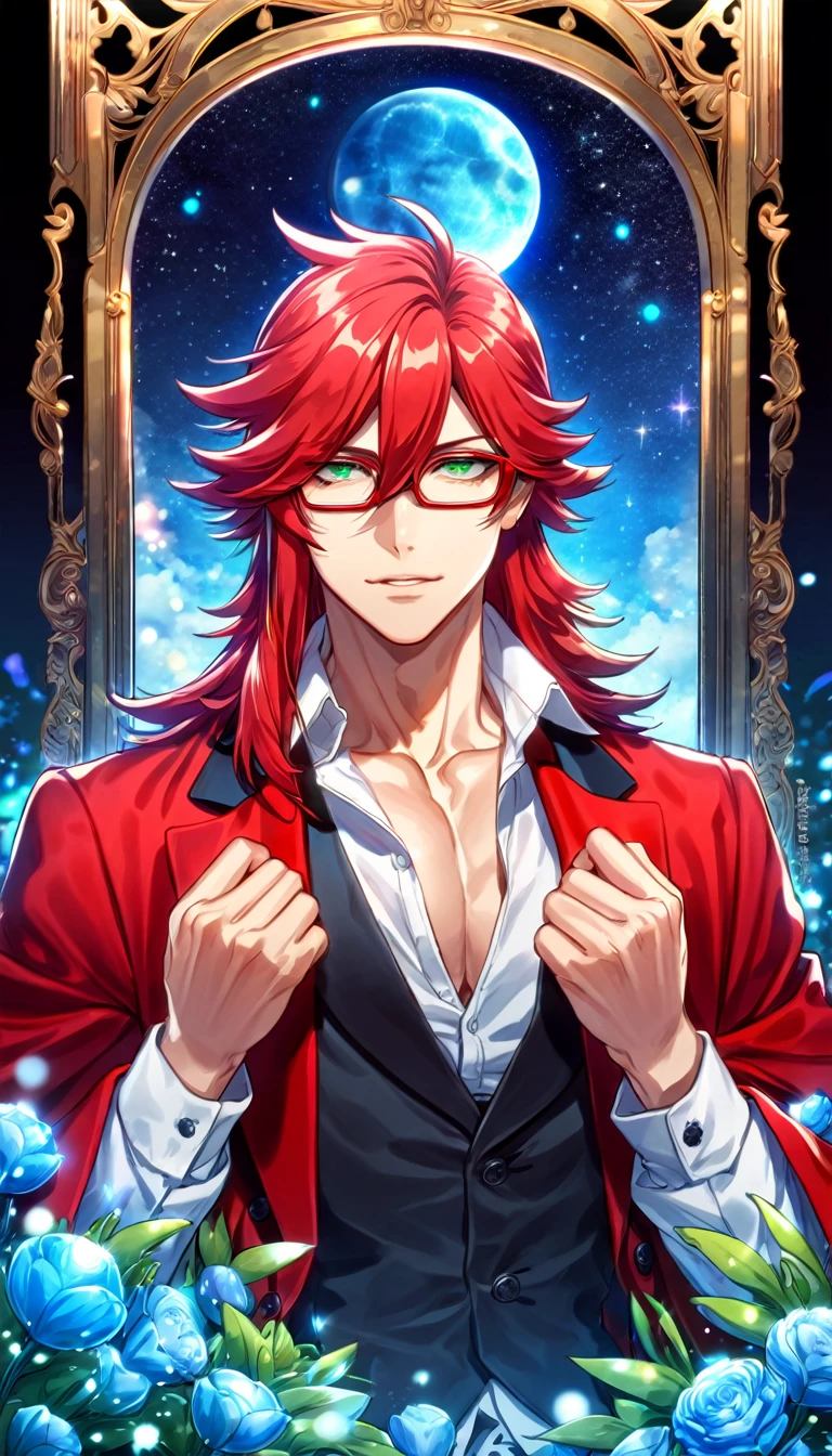 absurdres, highres, ultra detailed, HDR, master piece, best quality, Grell Sutcliff, red long hair, hair between the eyes, expressive green eyes, glasses with red frames, kuroshitsuji, solo, sexy man, handsome, toned chest, red coat, white shirt, black vest, blue moon, starry, blue fireflies, blue flowers, magical, fantasy