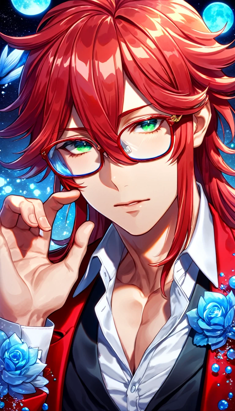 absurdres, highres, ultra detailed, HDR, master piece, best quality, Grell Sutcliff, red long hair, hair between the eyes, expressive green eyes, glasses with red frames, kuroshitsuji, solo, sexy man, handsome, toned chest, red coat, white shirt, black vest, blue moon, starry, blue fireflies, blue flowers, magical, fantasy