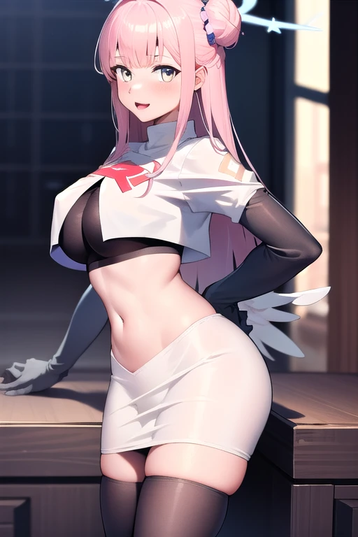 1girl, mika (blue archive), solo, pink hair, wings, halo, long hair,single side bun, hair bun, yellow eyes, hair ornament, low wings, white wings, scrunchie, looking at viewer, hair flower, feathered wings, very long hair, angel wings, bangs, team rocket,team rocket uniform,white skirt,red letter R,crop top,black thigh-highs,black elbow gloves