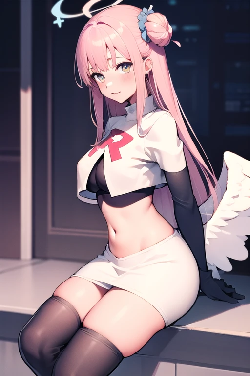 1girl, mika (blue archive), solo, pink hair, wings, halo, long hair,single side bun, hair bun, yellow eyes, hair ornament,  low wings, white wings, scrunchie, looking at viewer, hair flower, feathered wings, very long hair, angel wings, bangs,  team rocket,team rocket uniform,white skirt,red letter R,crop top,black thigh-highs,black elbow gloves