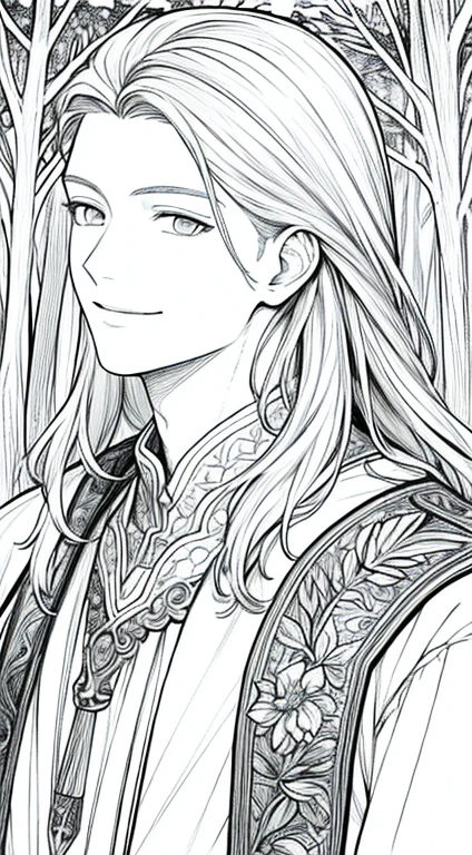Masterpiece, best quality, (detailed background), high contrast, 1 boy, highly detailed face, wide shot portrait, smiling face, fantasy clothes, looking to the sky, forest background, thin, clean line drawings, tall, long hair, white clothes