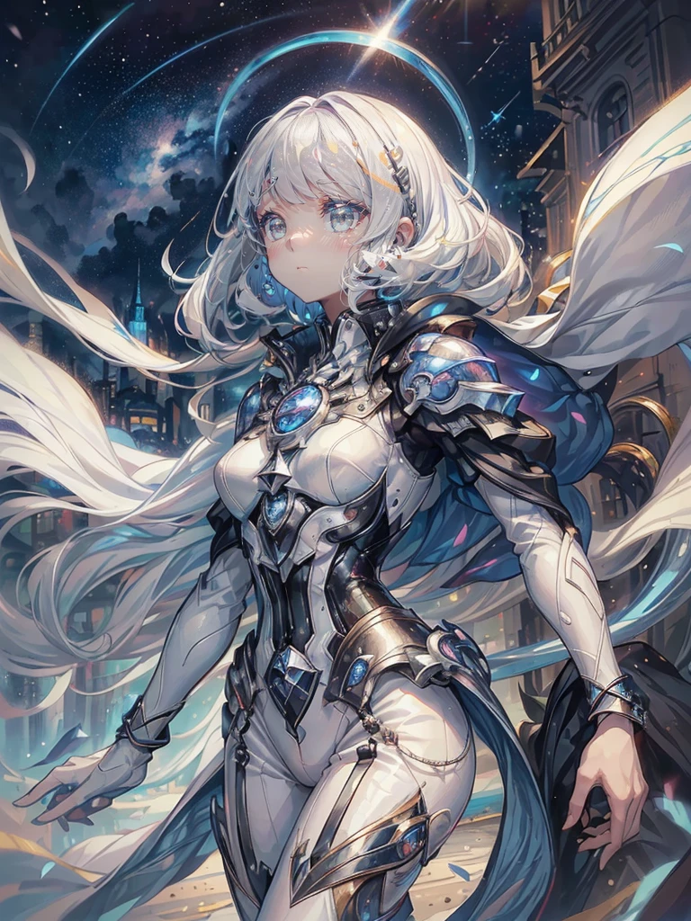 ((4K works))、masterpiece、(top-quality)、One beautiful boy、Slim body、tall、((Black Y-shirt and white pants、Charming British knight style))、Please wear one jacket、(Detailed beautiful eyes)、Fantastic Night City、((City under the stars))、Fantastic city at midnight、((Face similar to Carly Rae Jepsen))、((Short-haired white hair))、((Smaller face))、((Neutral face))、((Bright blue eyes))、((American adult male))、((Adult male 26 years old))、((Cool Men))、((Like a celebrity))、((Crying expression))、((sad look))、((Korean Makeup))、((elongated and sharp eyes))、((Happy dating))、((boyish))、((Upper body photography))、Professional Photos、((Shot alone))、((She is looking up at the sky under the roof))、((Shot from the side))、((Crying profile))、((Face crying in pain))、((He is looking upwards))、((His eyes are looking down))、((He stands next to the viewer))、((He who cries))、I'm crying on a stick.、Man crying while standing、Solitude、saddened、desolate、suffocating、heartbreaking、auw